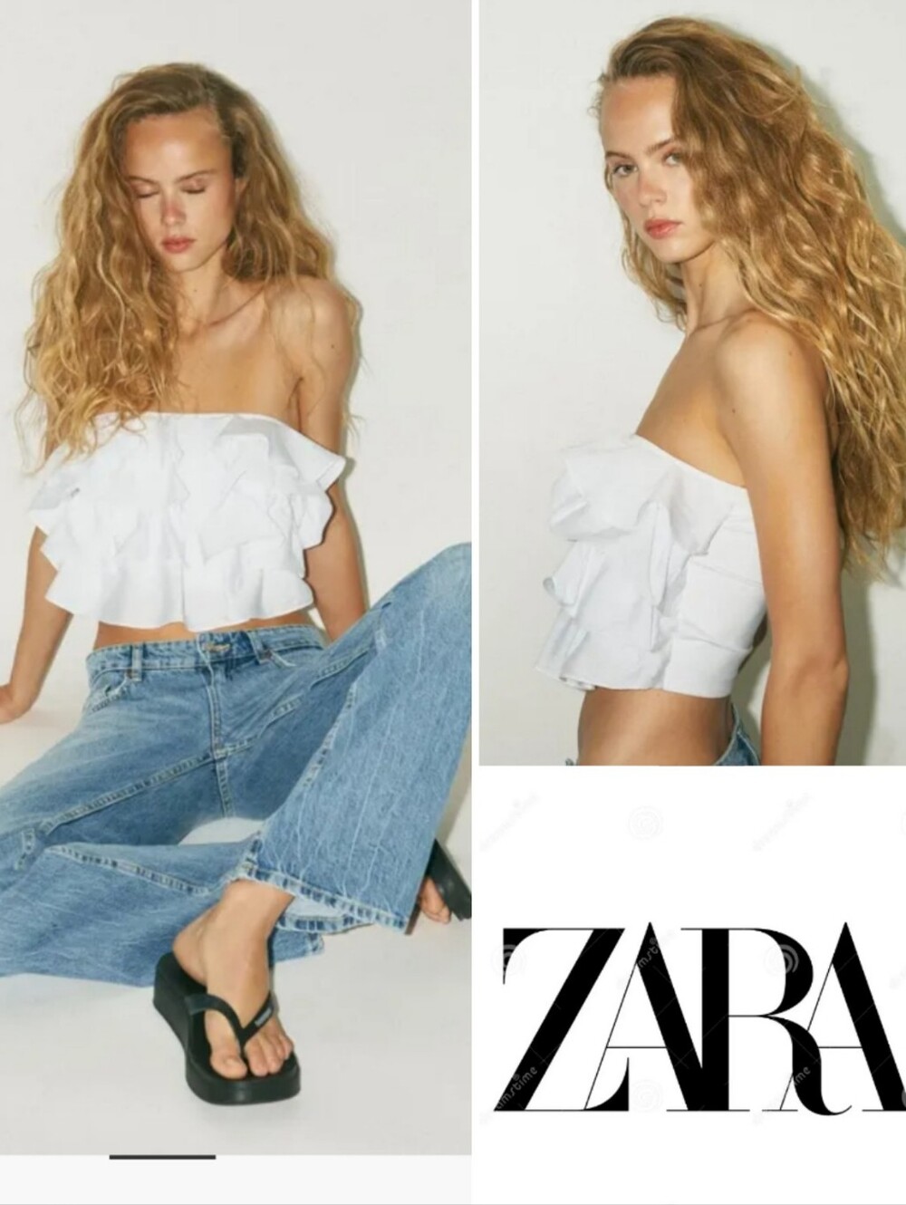 NWOT ZARA Tiered Ruffle Strapless Crop Top, Crisp White